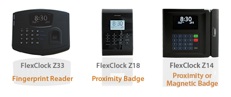 FlexClock Z33 (fingerprint reader), Z18 (proximity badge), Z14 (proximity or magnetic badge)