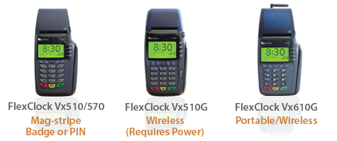 FlexClock Vx510/570 (mag-stripe badge, or pin), Vx510G (wireless requires power), Vx610G (portable wireless)